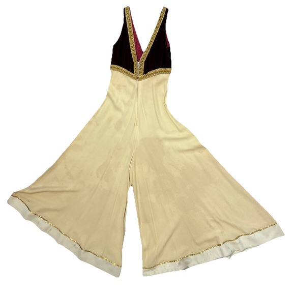 Vintage 70s Palazzo Jumpsuit Velvet Bodice Gold Trim Wide Leg Disco Boho Glam - Picture 12 of 16